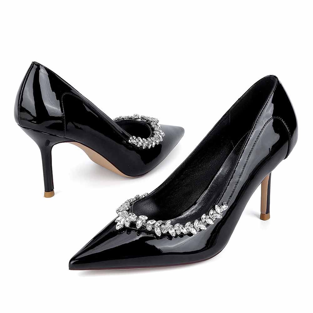 Close Toe Pumps Stiletto Heel Patent Leather Rhinestone Detail Wedding Shoes