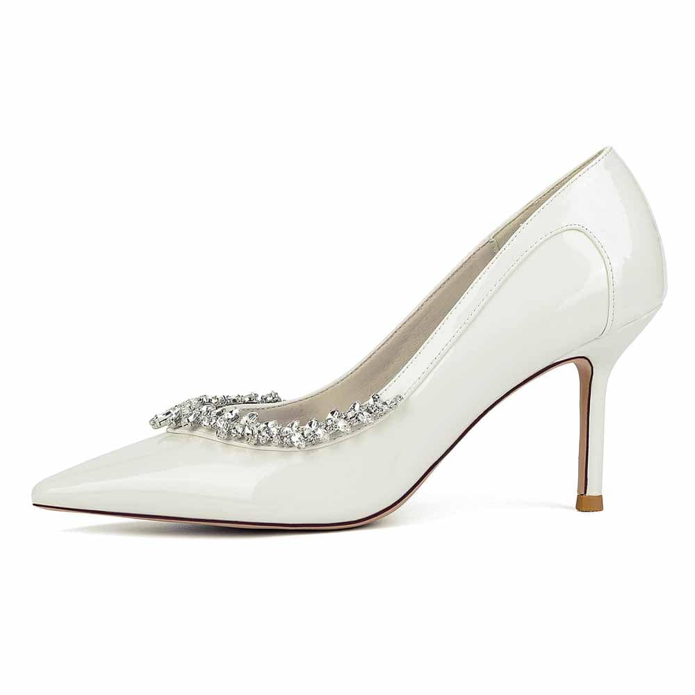 Close Toe Pumps Stiletto Heel Patent Leather Rhinestone Detail Wedding Shoes