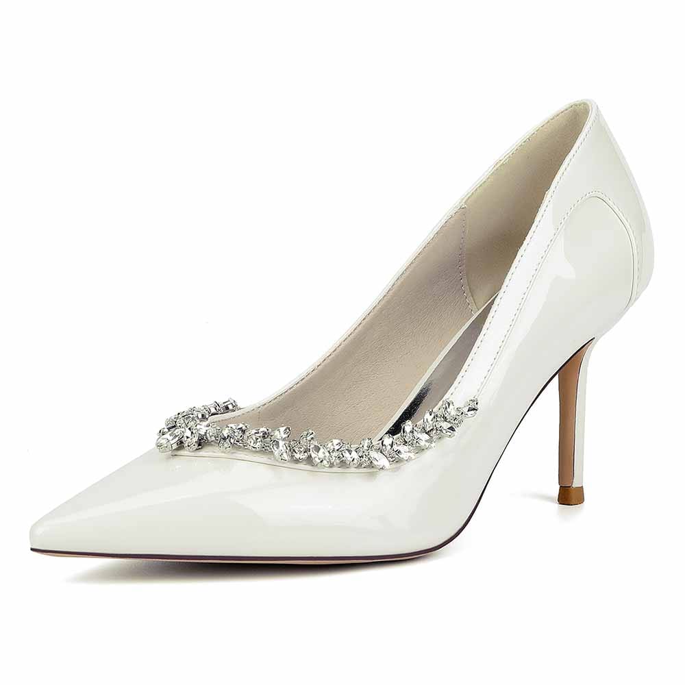 Close Toe Pumps Stiletto Heel Patent Leather Rhinestone Detail Wedding Shoes