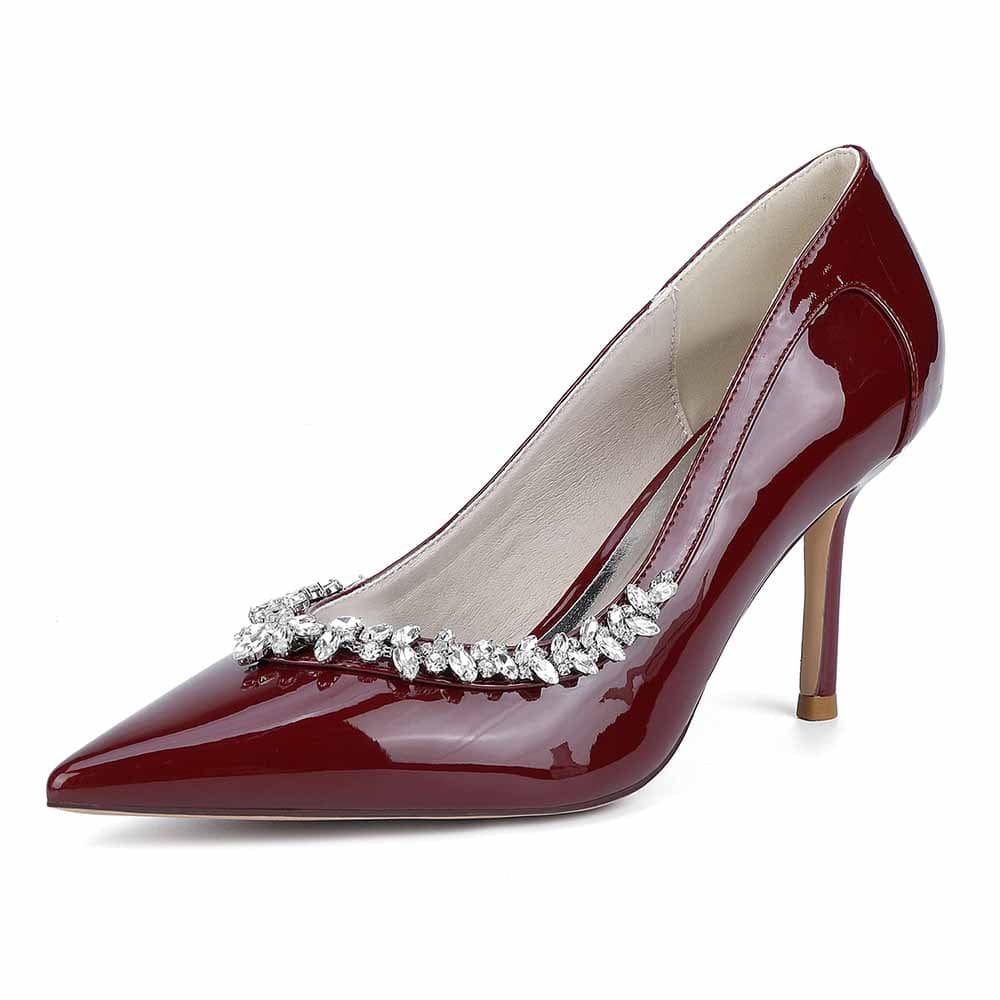 Close Toe Pumps Stiletto Heel Patent Leather Rhinestone Detail Wedding Shoes