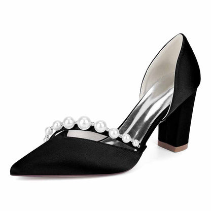 Elegant black heels with a pearl strap, perfect as pearl strap wedding shoes for brides or special occasions