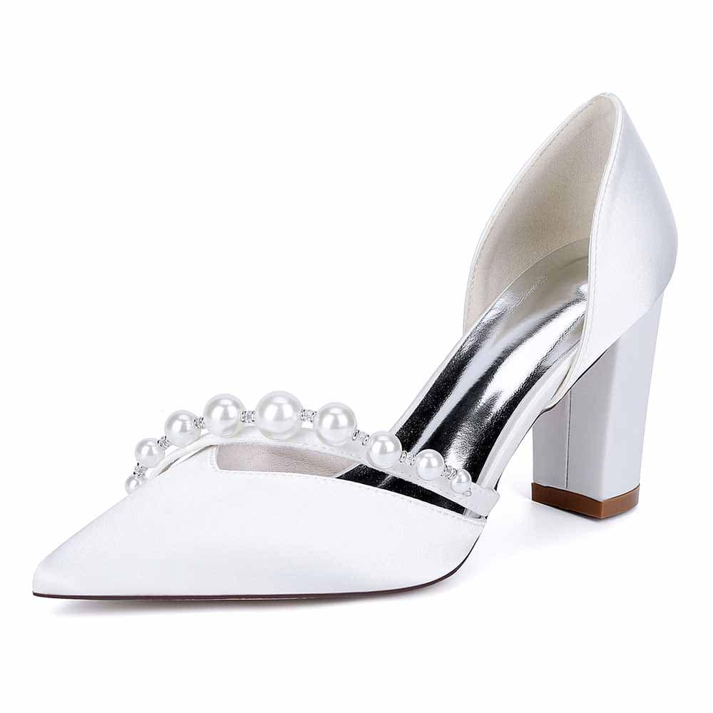 Closed Toe Block Heels Wedding Shoes Pearl Strap Bridal Chunky Pump Dress Shoes