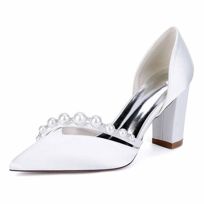 Elegant S&DCo. pearl strap wedding shoes with a pointed toe and block heel in white