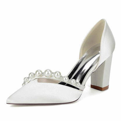 Elegant S&DCo. pearl strap wedding shoes with a pointed toe and block heel design