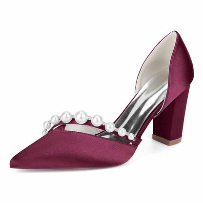 S&DCo. Pearl strap wedding shoes in burgundy satin with a chunky heel and elegant design