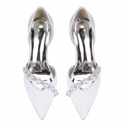 Elegant pearl strap wedding shoes by S&DCo. with sleek pointed toe and shining silver accents