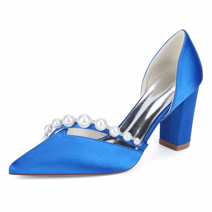 Elegant blue heels with pearl strap wedding shoes design and a chunky heel for stylish bridal wear