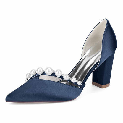 Navy S&DCo. pearl strap wedding shoes with block heel and elegant design for bridal footwear