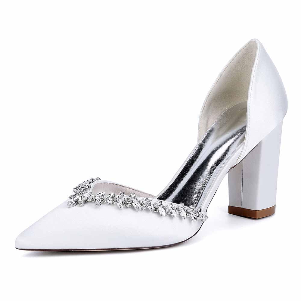 Closed Toe Block Heels Wedding Shoes Rhinestones Bridal Heels Dress Shoes