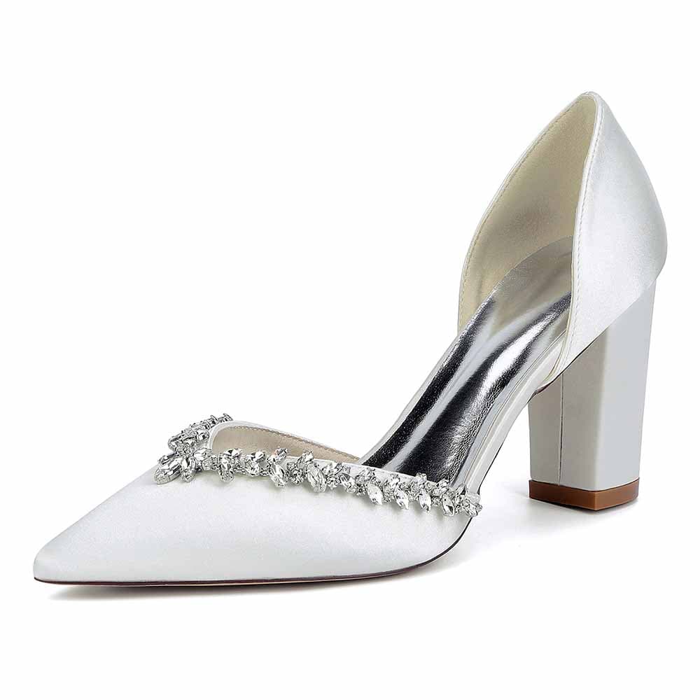 Closed Toe Block Heels Wedding Shoes Rhinestones Bridal Heels Dress Shoes