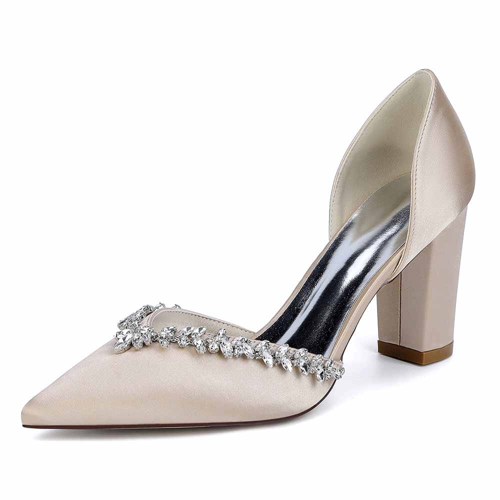 Closed Toe Block Heels Wedding Shoes Rhinestones Bridal Heels Dress Shoes