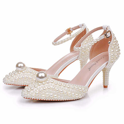 Closed Toe Wedding Shoes Pearls Detail Bridal Heels Prom Shoes