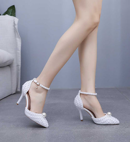 Closed Toe Wedding Shoes Pearls Detail Bridal Heels Prom Shoes