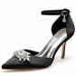 Closed Toe Wedding Shoes Satin Dress Heels Crystal Ankle Strap Pumps