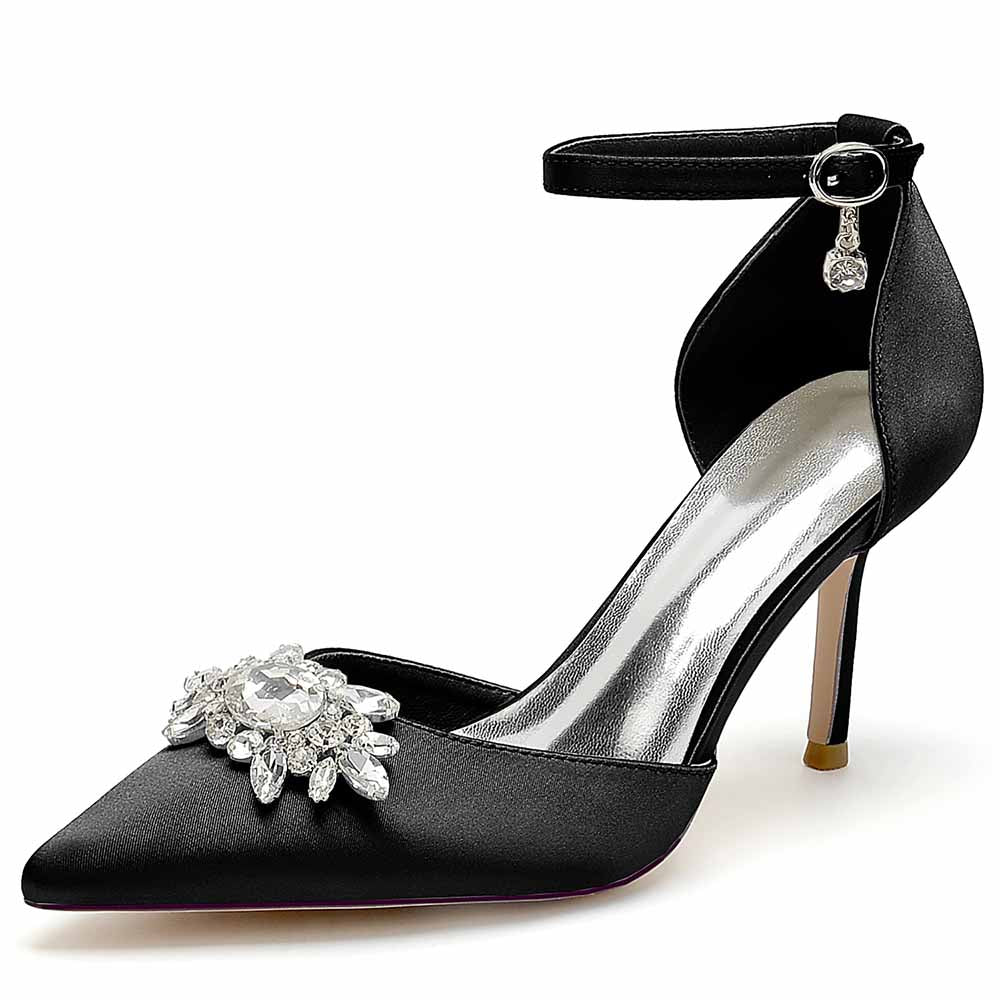 Closed Toe Wedding Shoes Satin Dress Heels Crystal Ankle Strap Pumps