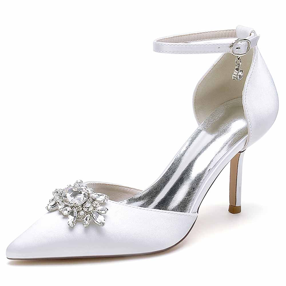 Closed Toe Wedding Shoes Satin Dress Heels Crystal Ankle Strap Pumps