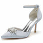 Closed Toe Wedding Shoes Satin Dress Heels Crystal Ankle Strap Pumps