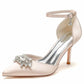 Closed Toe Wedding Shoes Satin Dress Heels Crystal Ankle Strap Pumps