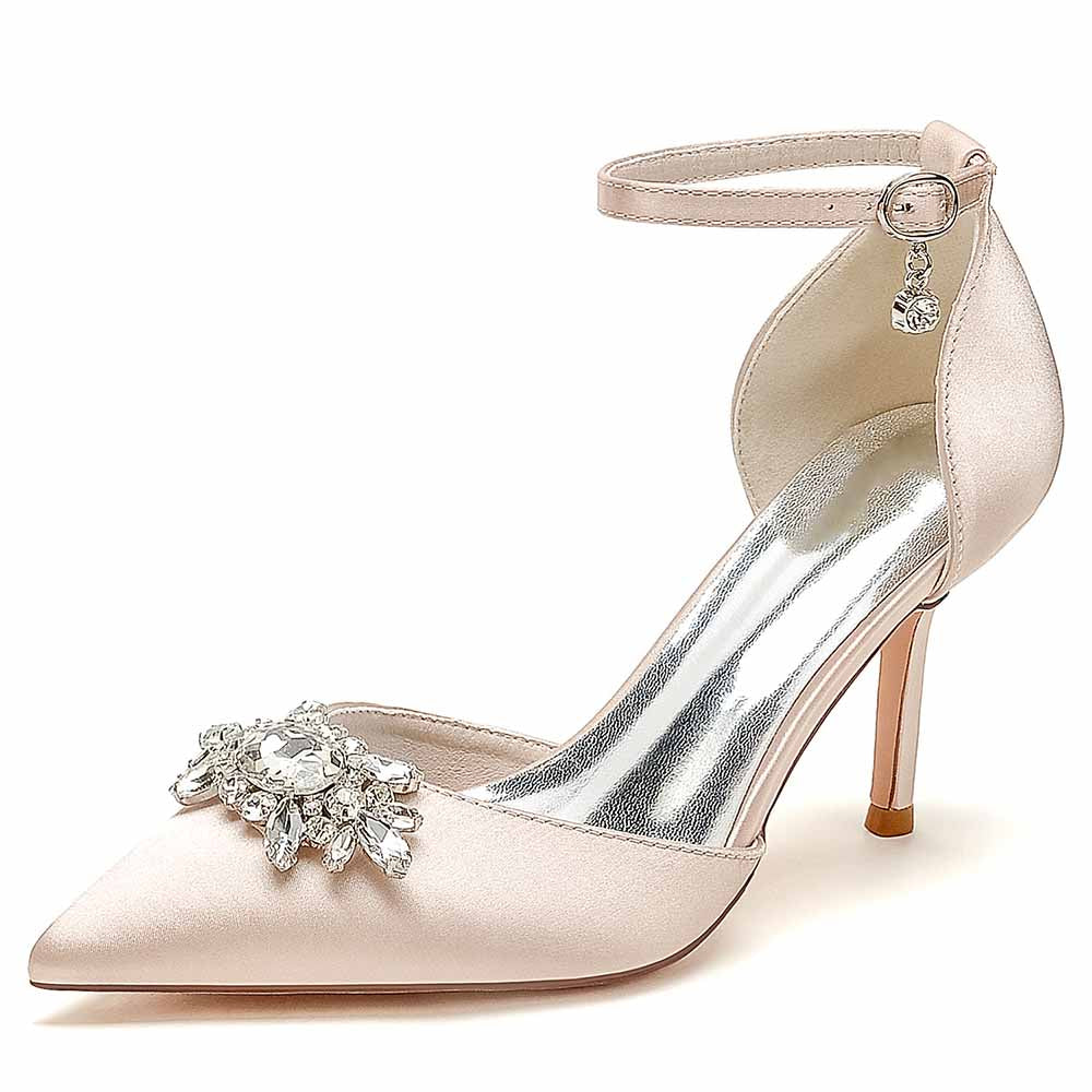 Closed Toe Wedding Shoes Satin Dress Heels Crystal Ankle Strap Pumps