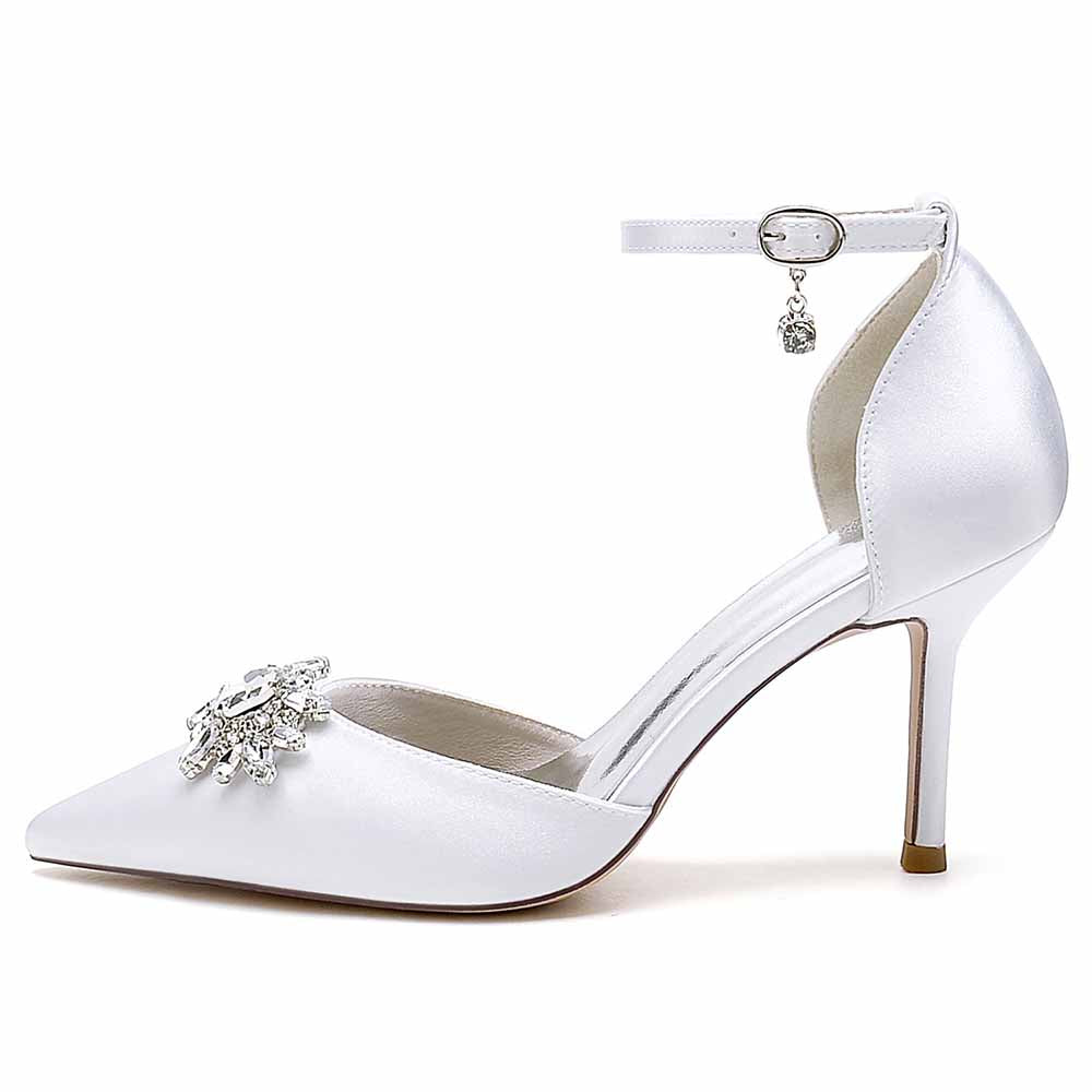 Closed Toe Wedding Shoes Satin Dress Heels Crystal Ankle Strap Pumps