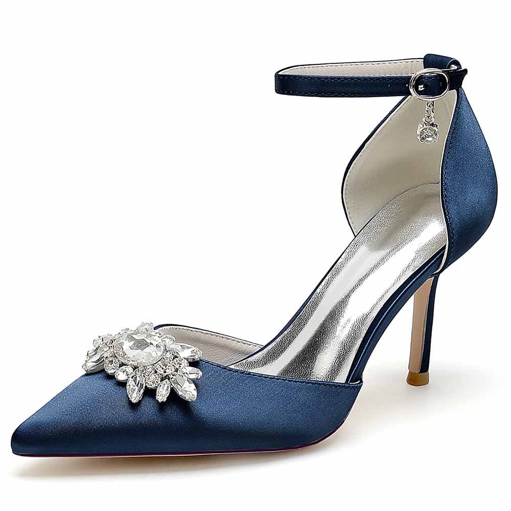 Closed Toe Wedding Shoes Satin Dress Heels Crystal Ankle Strap Pumps