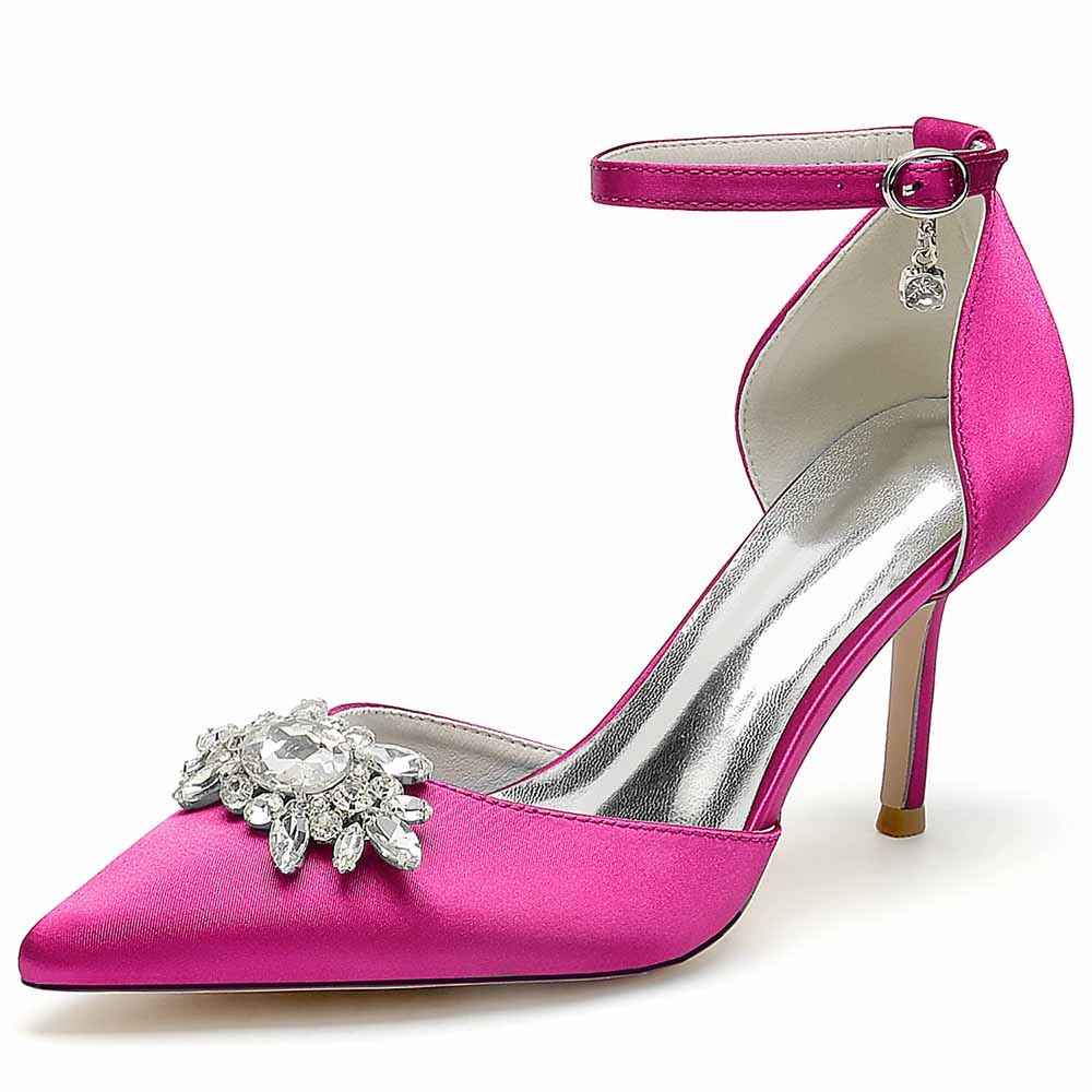 Closed Toe Wedding Shoes Satin Dress Heels Crystal Ankle Strap Pumps