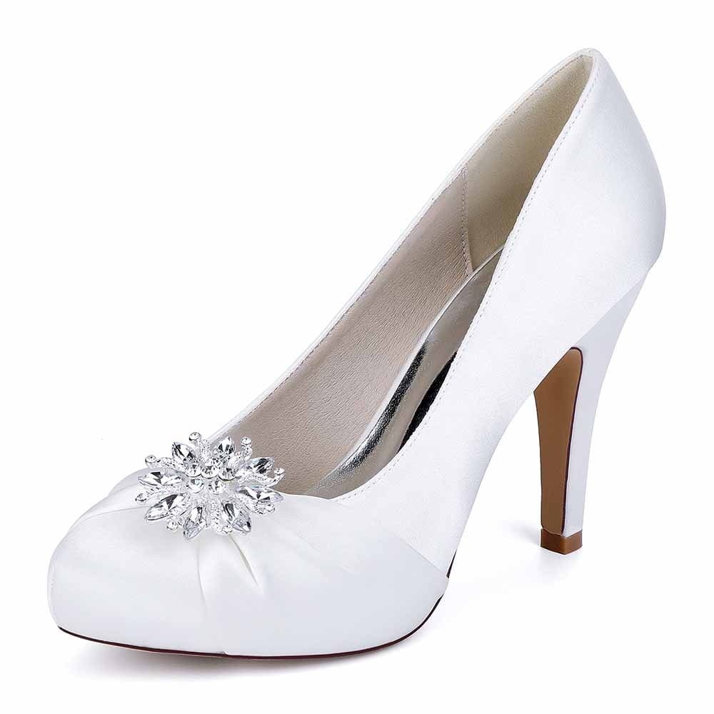 3.35" Closed Toe Wedding Shoes Satin Dress Heels Crystal Detail Event Pumps