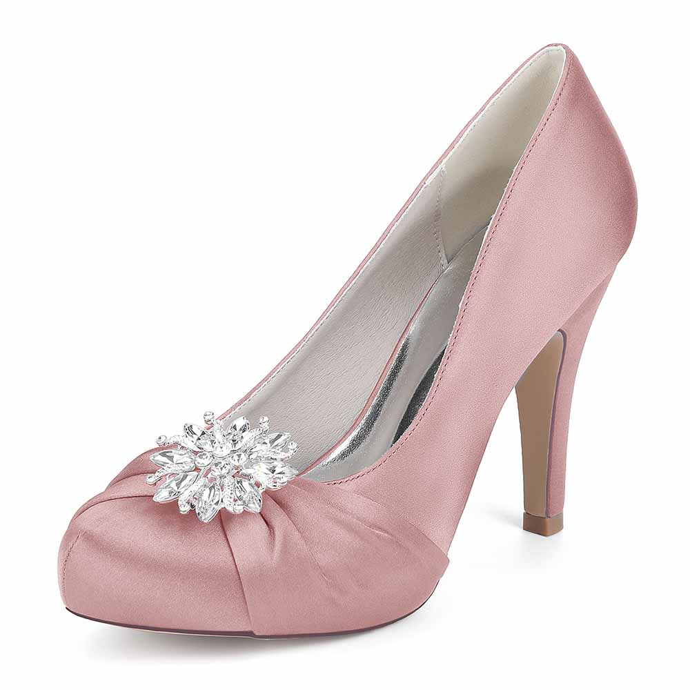 3.35" Closed Toe Wedding Shoes Satin Dress Heels Crystal Detail Event Pumps