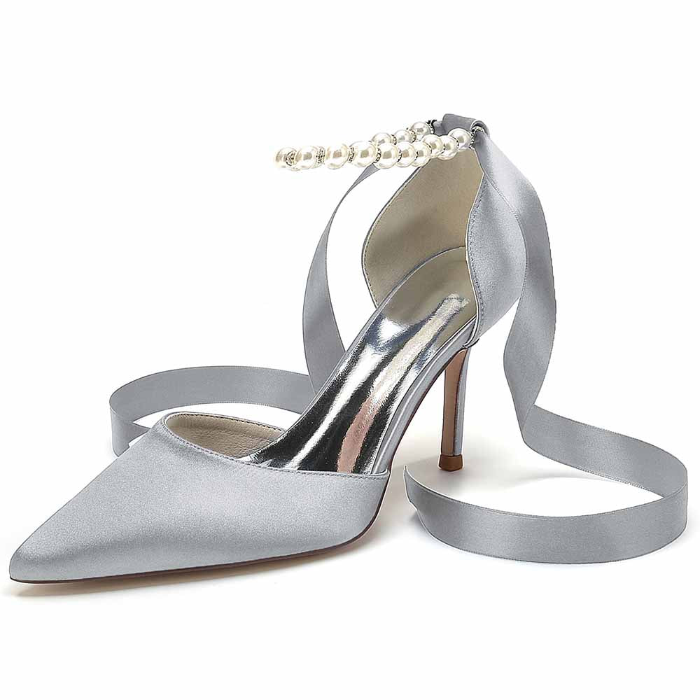 Closed Toe Wedding Shoes Satin Dress Heels Pearls Lace-Up Ankle Strap Pumps