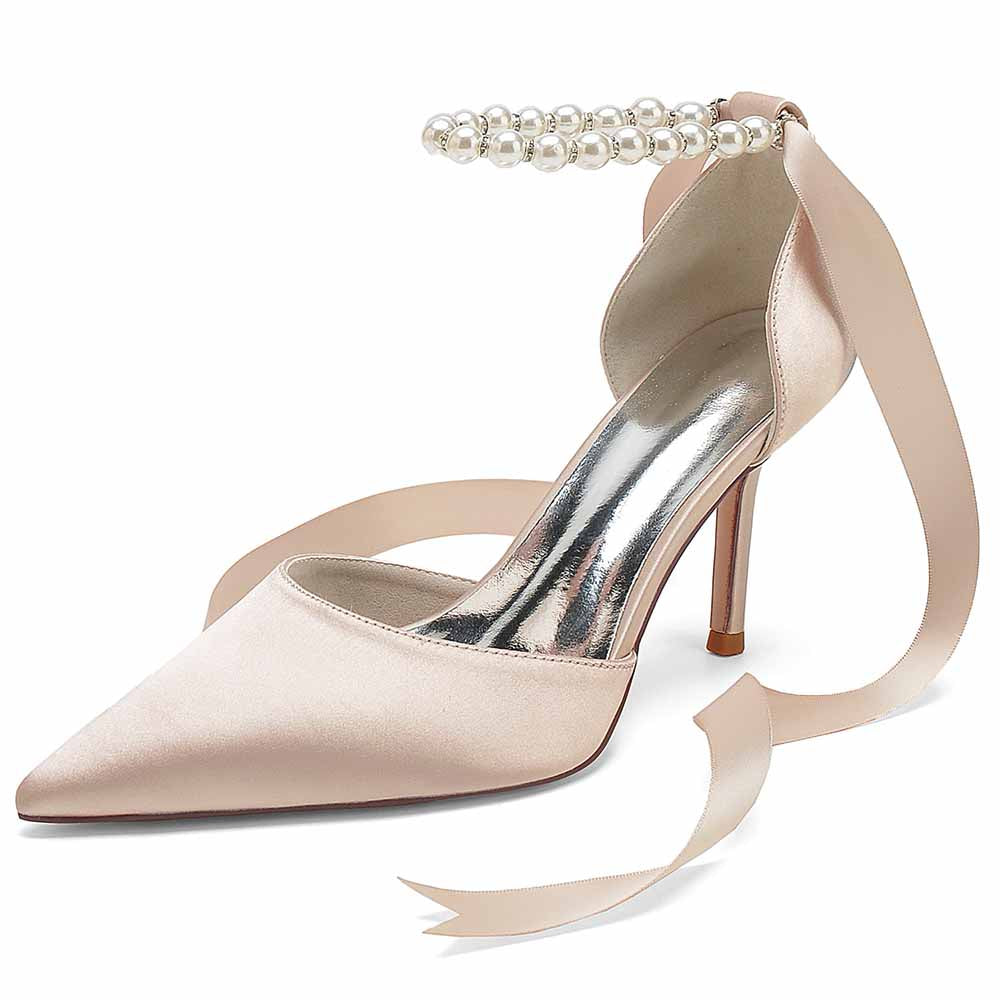 Closed Toe Wedding Shoes Satin Dress Heels Pearls Lace-Up Ankle Strap Pumps