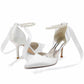 Closed Toe Wedding Shoes Satin Dress Heels Pearls Lace-Up Ankle Strap Pumps