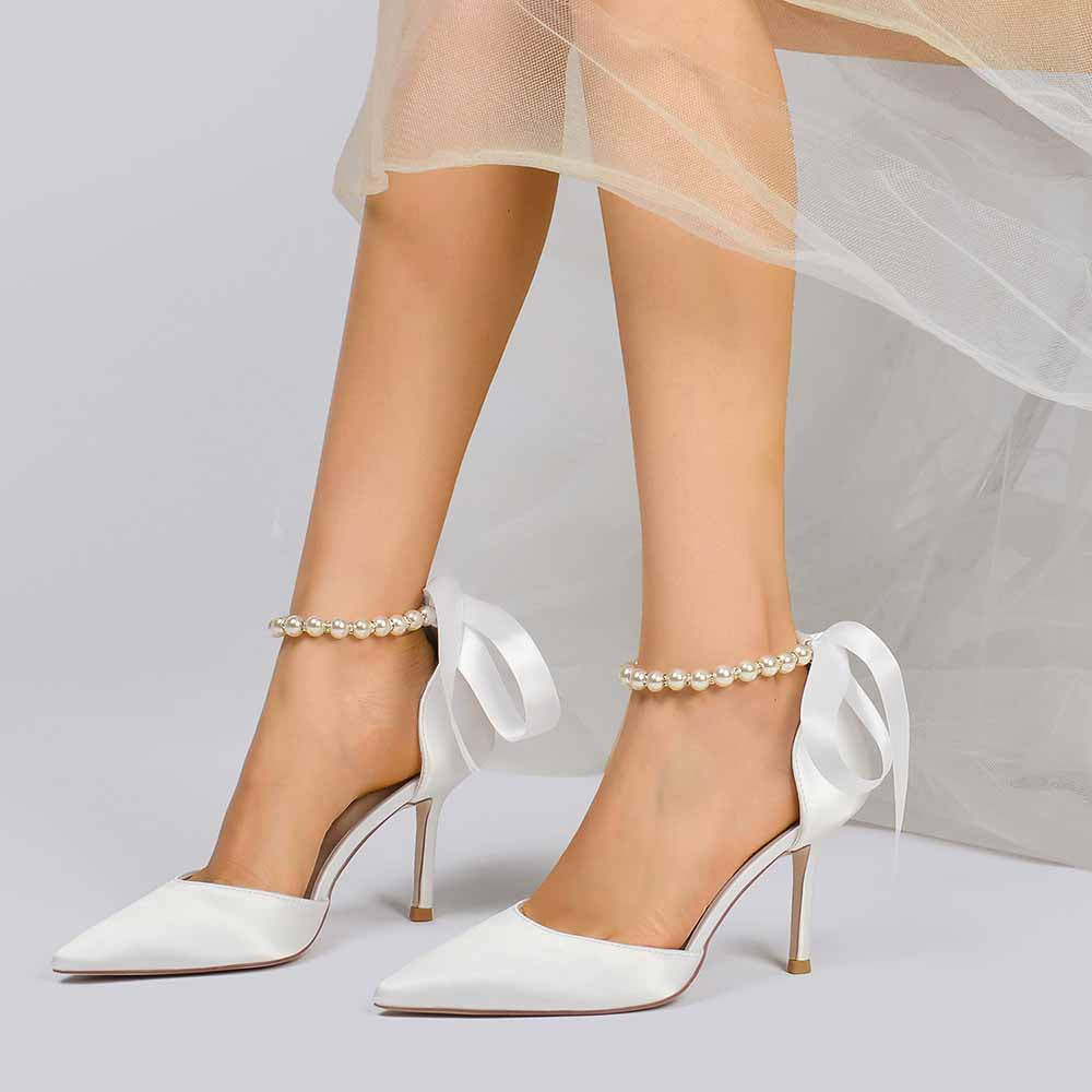 Closed Toe Wedding Shoes Satin Dress Heels Pearls Lace-Up Ankle Strap Pumps