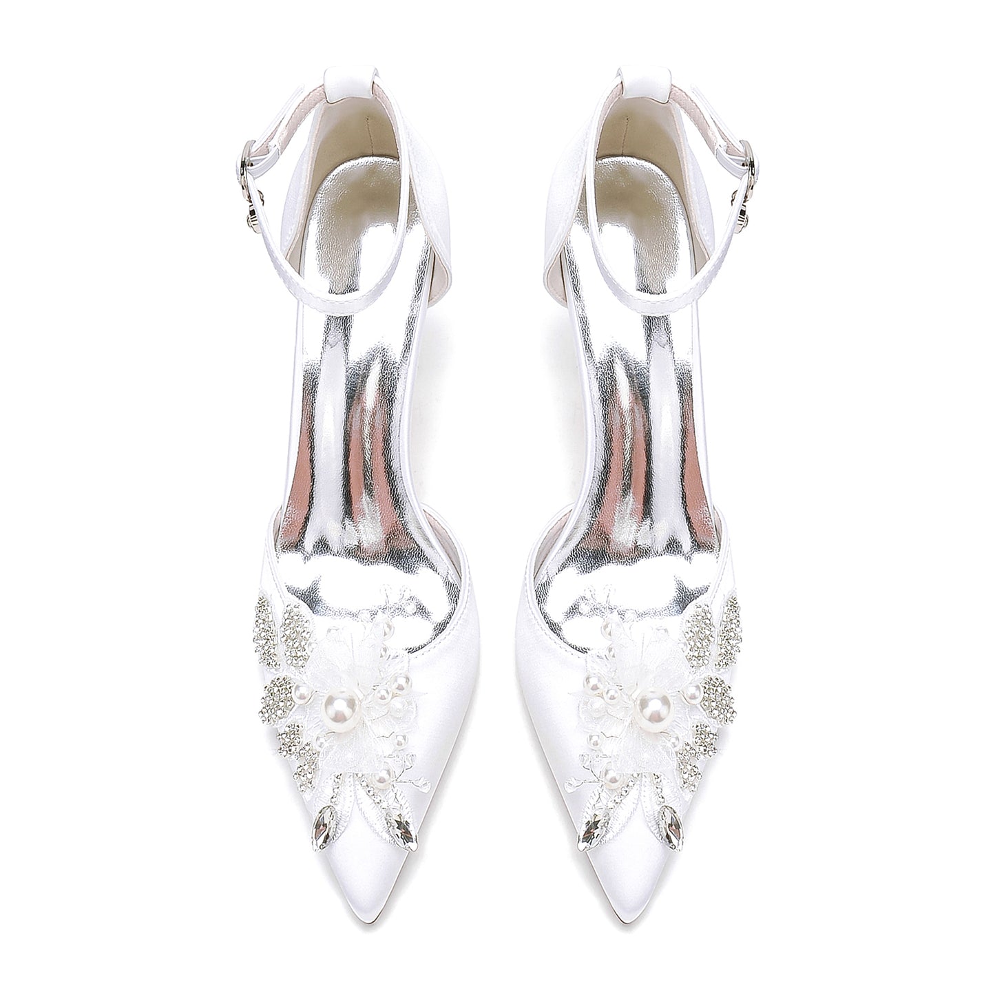 Closed Toe Wedding Shoes Satin Pearl Beads Ankle Strap Pump Bridal Heels