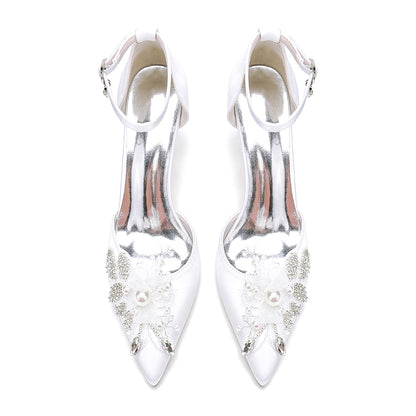 Closed Toe Wedding Shoes Satin Pearl Beads Ankle Strap Pump Bridal Heels