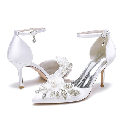 Closed Toe Wedding Shoes Satin Pearl Beads Ankle Strap Pump Bridal Heels