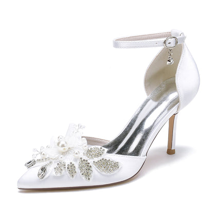 Closed Toe Wedding Shoes Satin Pearl Beads Ankle Strap Pump Bridal Heels