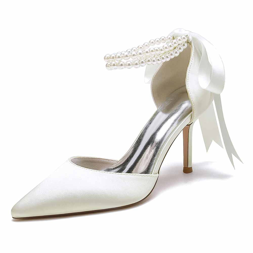 Closed Toe Wedding Shoes Satin Pearls Lace-Up Ankle Strap Bridal Heels