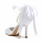 Closed Toe Wedding Shoes Satin Pearls Lace-Up Ankle Strap Bridal Heels