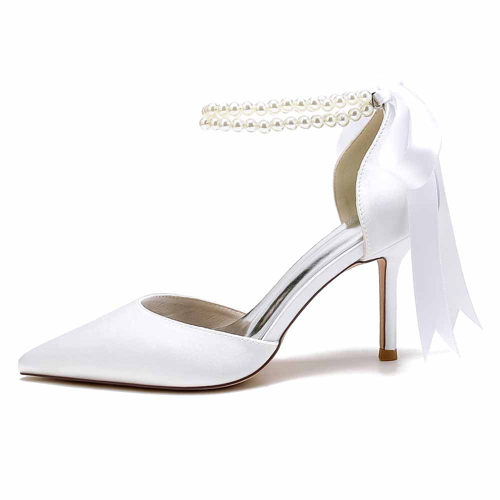 Closed Toe Wedding Shoes Satin Pearls Lace-Up Ankle Strap Bridal Heels