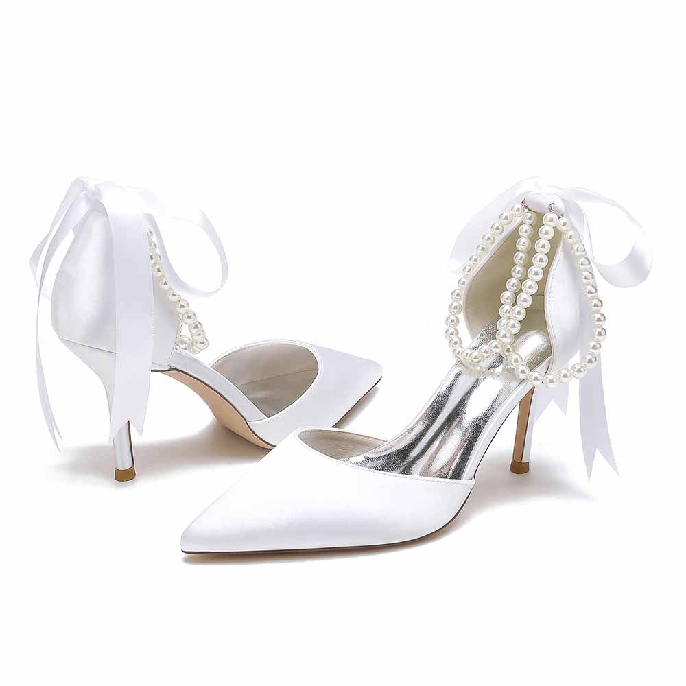 Closed Toe Wedding Shoes Satin Pearls Lace-Up Ankle Strap Bridal Heels