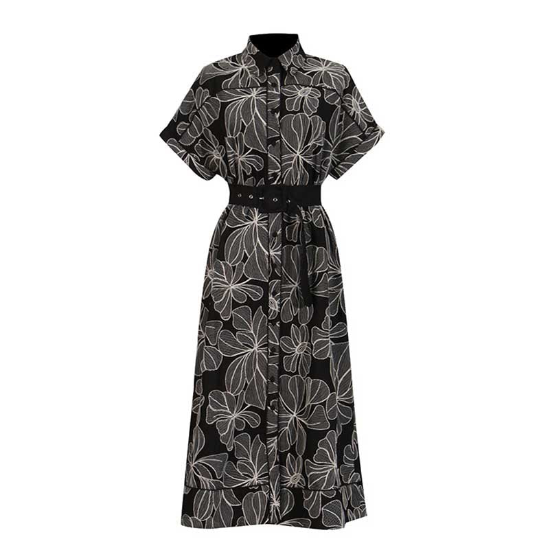 Collared Black Floral Midi Dress Lace-Up Elegant Dress