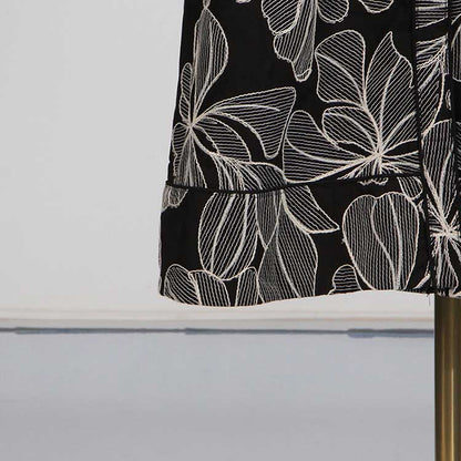 Collared Black Floral Midi Dress Lace-Up Elegant Dress