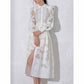 Collared Long Sleeve Hollow Out Lace Midi Dress With Belt