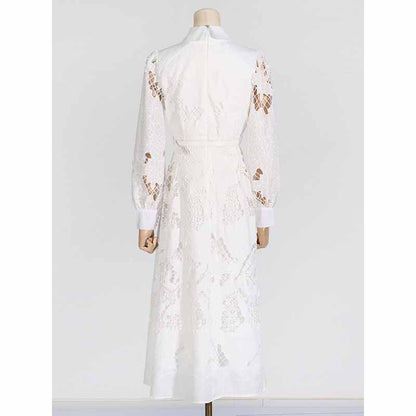 Collared Long Sleeve Hollow Out Lace Midi Dress With Belt