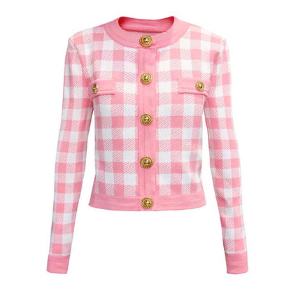 Checked Suit Chic Knit Crop Top+Short Skirt+Cardigan Coat Mini Dress Set