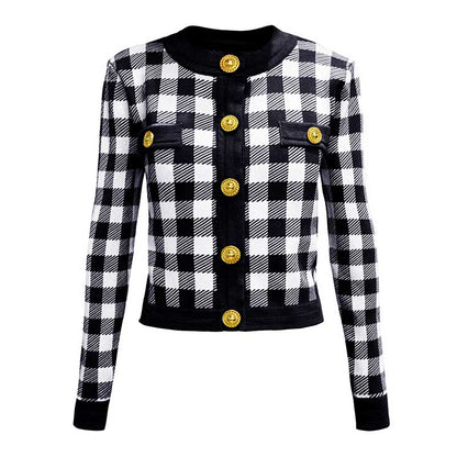 Checked Suit Chic Knit Crop Top+Short Skirt+Cardigan Coat Mini Dress Set