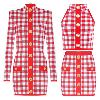 Checked Suit Chic Knit Crop Top+Short Skirt+Cardigan Coat Mini Dress Set