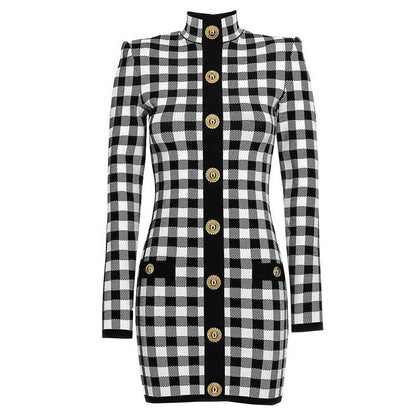 Checked Suit Chic Knit Crop Top+Short Skirt+Cardigan Coat Mini Dress Set