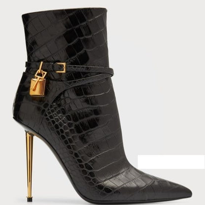 Croc Embossed Ankle Boots with Buckle & Stiletto Heels