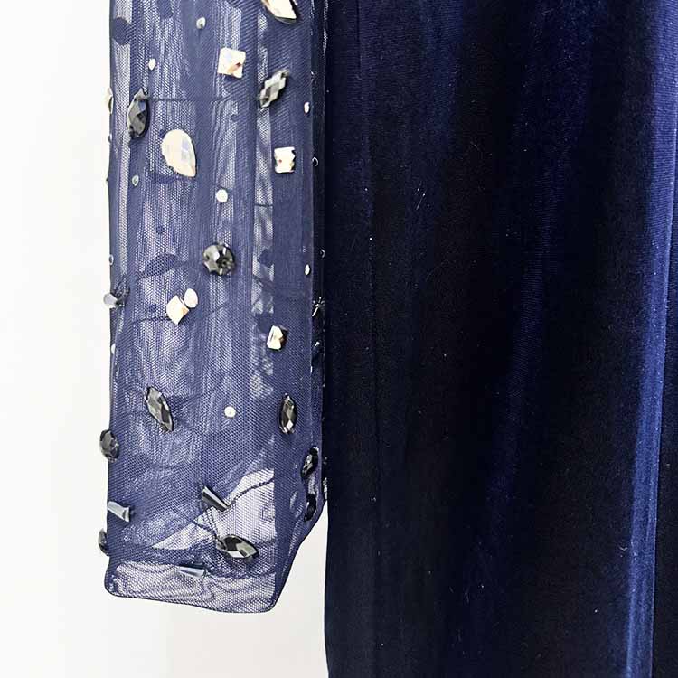 Crystal-Embellished Asymmetric Gown Dress Navy Blue Velvet Prom Dress